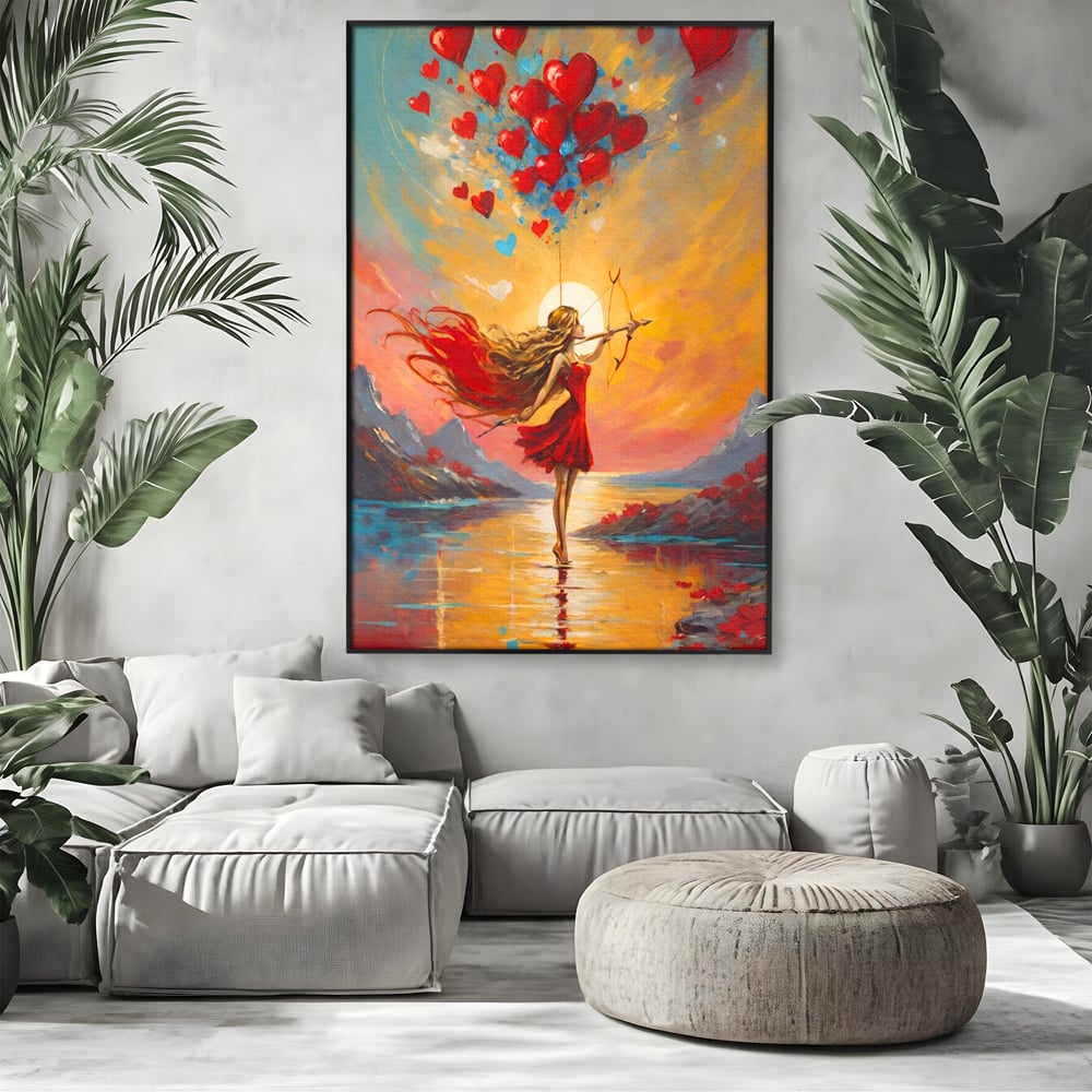 Tablou canvas cu pictura cu femeie armata cu arc si inimi, in rama de aluminiu negru, pe perete intr-un living